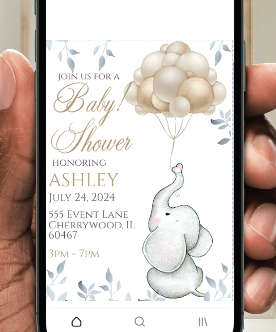 Elephant with balloon - Invitation - white  - INSTANT DOWNLOAD