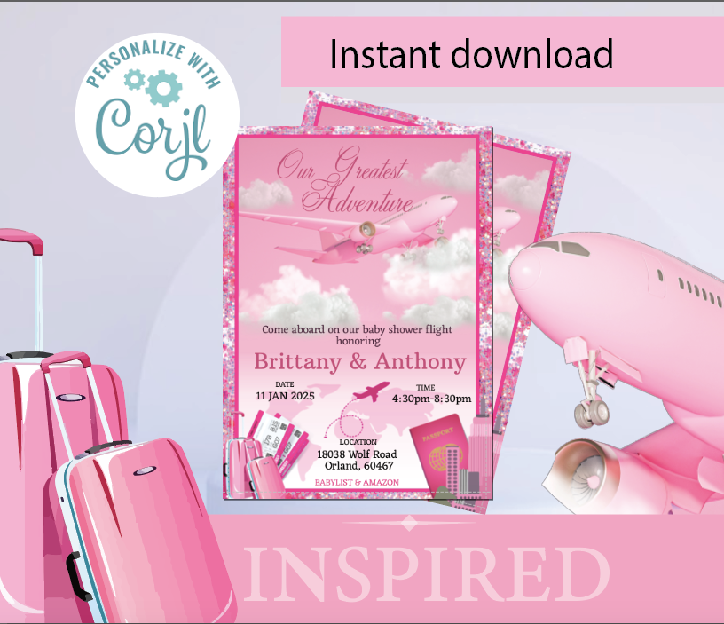 Airplane invitation - Travel theme-pink- INSTANT DOWNLOAD