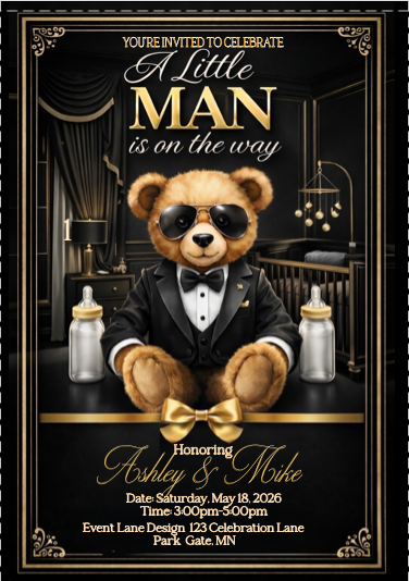 Little Man Baby Shower Invitation | Black Gold White Teddy Bear Invite | Luxury Boy Baby Shower | Printable Editable Template