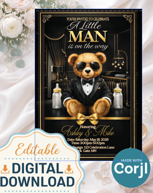 Little Man Baby Shower Invitation | Black Gold White Teddy Bear Invite | Luxury Boy Baby Shower | Printable Editable Template