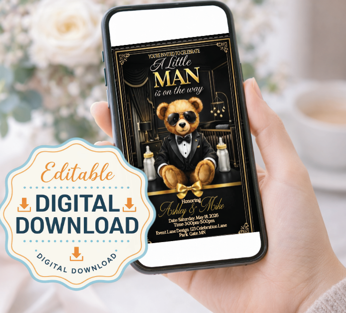 Little Man Baby Shower Invitation | Black Gold White Teddy Bear Invite | Luxury Boy Baby Shower | Printable Editable Template