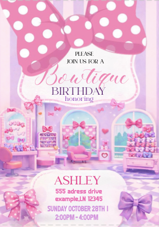 Bowtique| Invite | Pink and purple invitation| Printable Editable Template