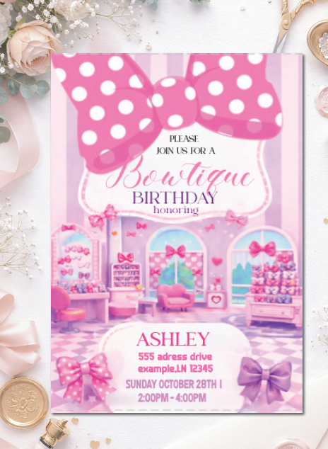 Bowtique| Invite | Pink and purple invitation| Printable Editable Template