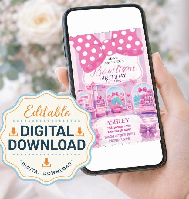 Bowtique| Invite | Pink and purple invitation| Printable Editable Template