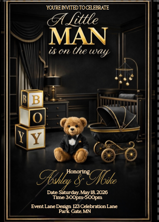 Little Man Baby Shower Invitation | Black Gold White Teddy Bear Invite | Luxury Boy Baby Shower | Printable Editable Template (Copy)